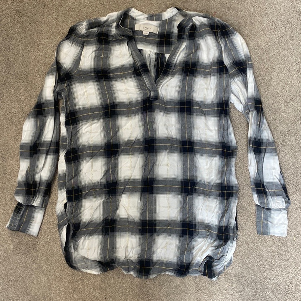 Loft Black Plaid Long Sleeve Tunic Top Size S